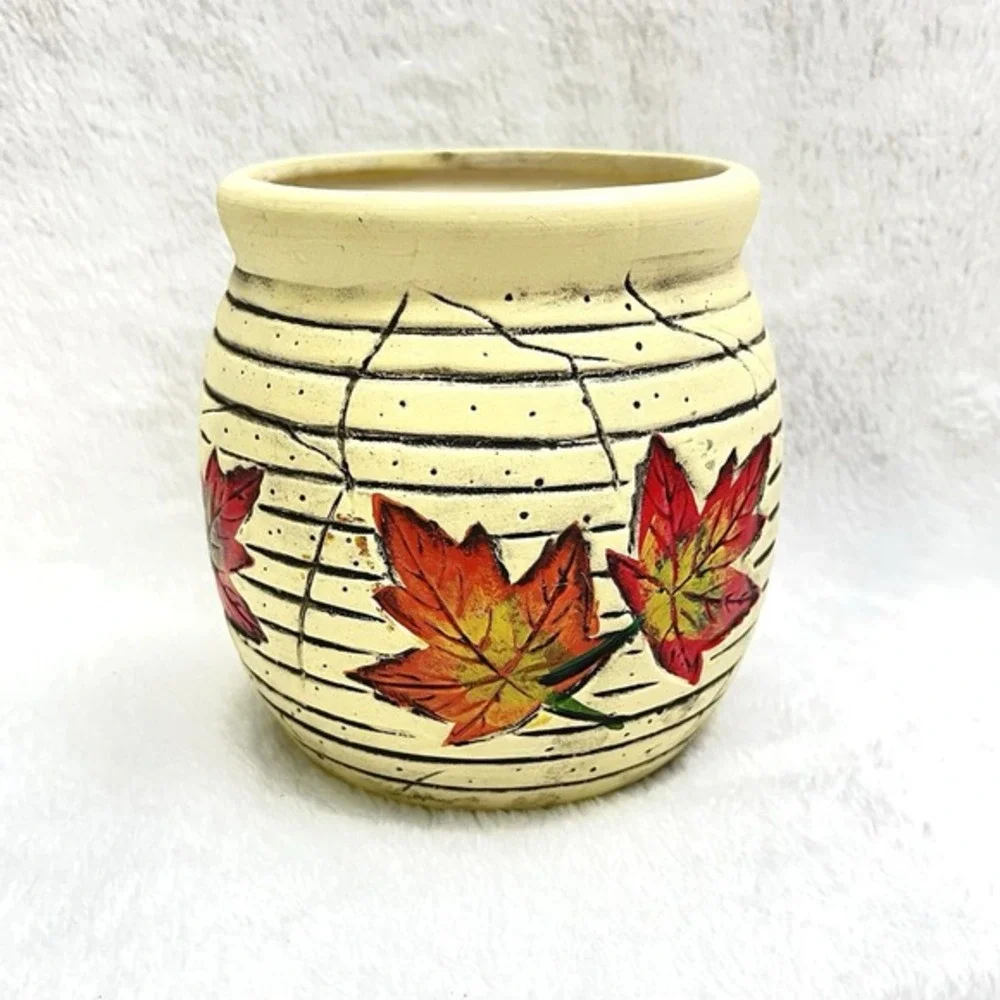 Heritage Pottery Vase Cream With Bright Orange‎ Leaves And Black Etching